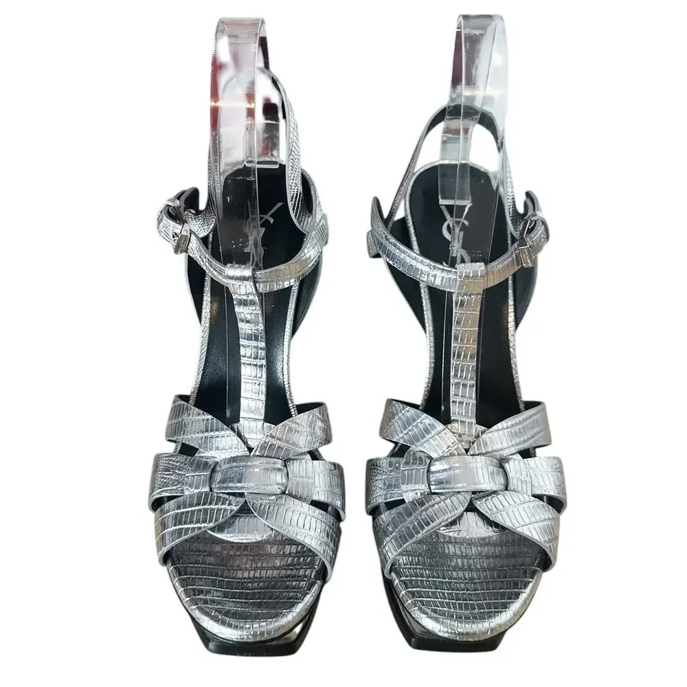 Saint Laurent Tribute Silver Embossed Leather Platform High Heel Sandals 39.5 - Picture 3 of 13